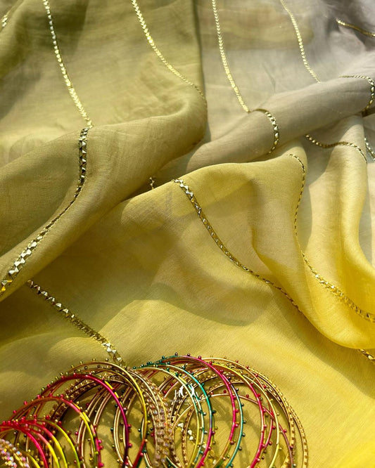 Green Yellow ombre Pure Mul Chanderi fabric for suits and sarees