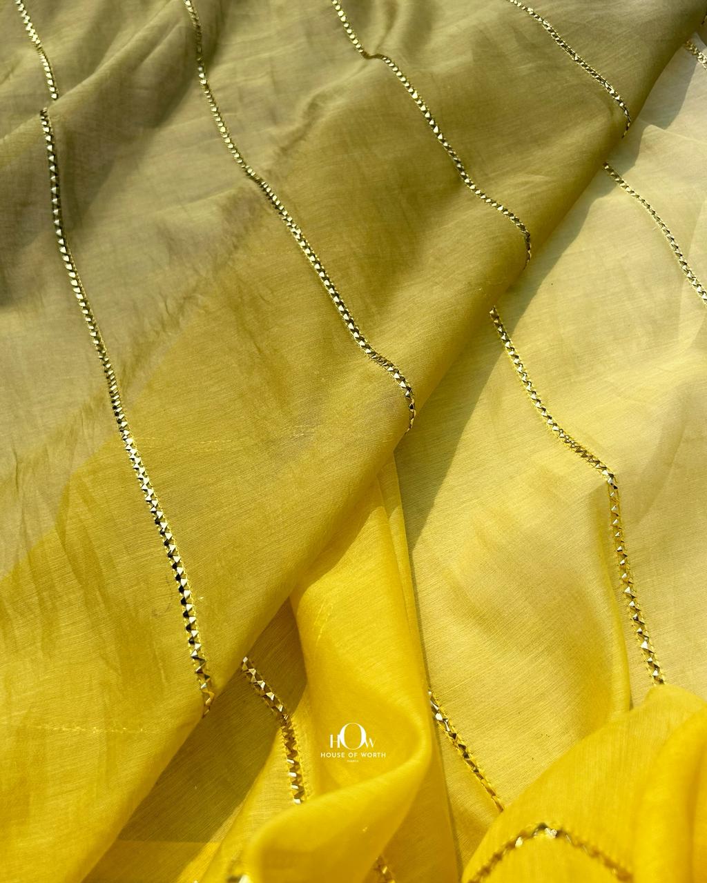 Premium Mul Chanderi embroidery fabric in green yellow shade