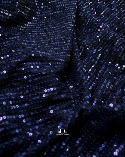 Blue striped imported sequins material – bulk supply for wholesalers and designers in Surat and Bhiwandi.
