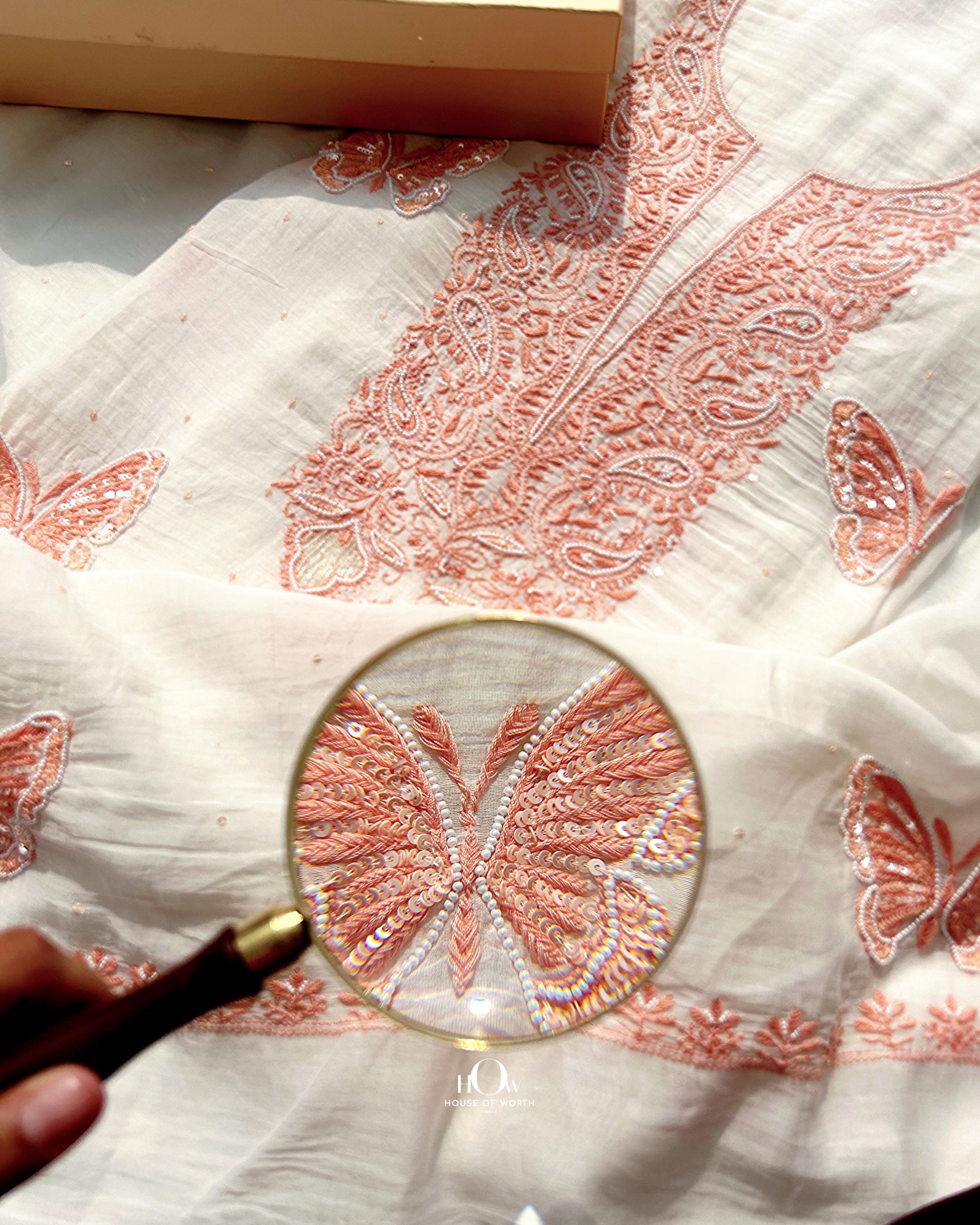 handcrafted mul chanderi chikankari dupatta with beadwork. Pure mul chanderi suit for women.