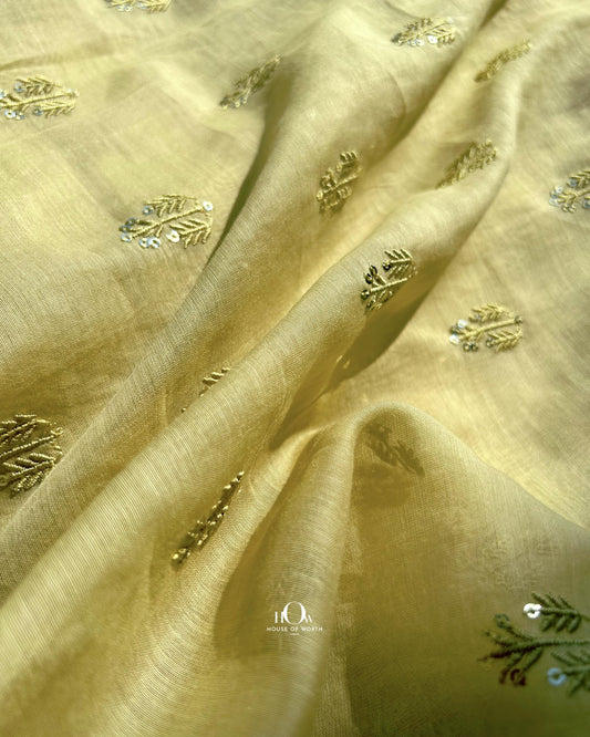 Yellow Pure Mul Chanderi fabric with minimal sequin embroidery – ideal for festive ethnic suits and dupattas.