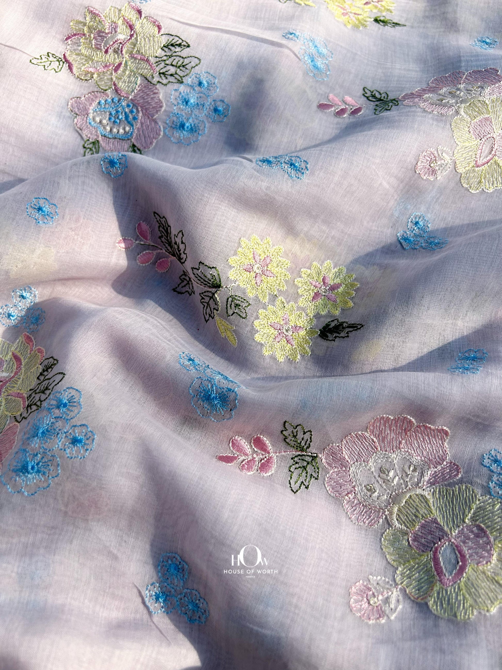 Lavender embroidered Chanderi dress material – soft handloom fabric for retail and wholesale ethnic collections.