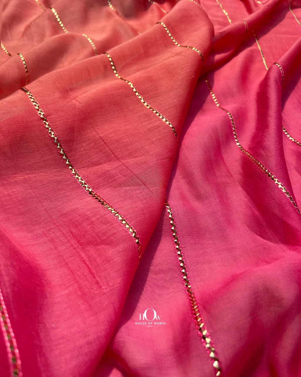 Premium pink orange Mul Chanderi dress material with rich drape and ethnic festive appeal