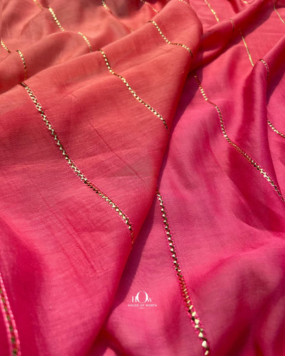 Premium pink orange Mul Chanderi dress material with rich drape and ethnic festive appeal