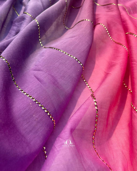 Pink Purple ombre Pure Mul Chanderi fabric for designer suits