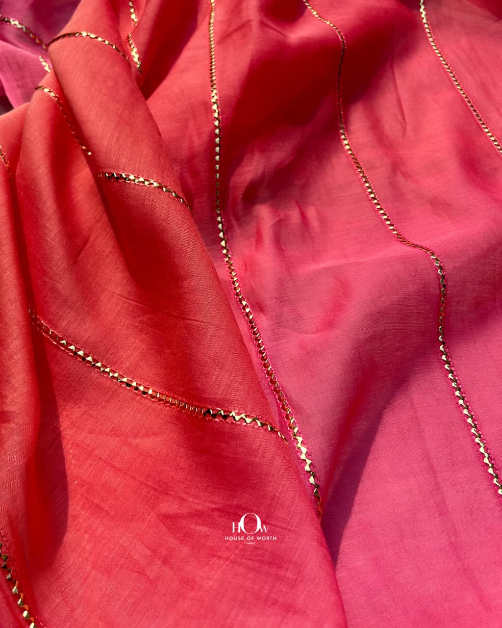 Pink orange ombre Mul Chanderi embroidery fabric ideal for boutiques and fashion designers India