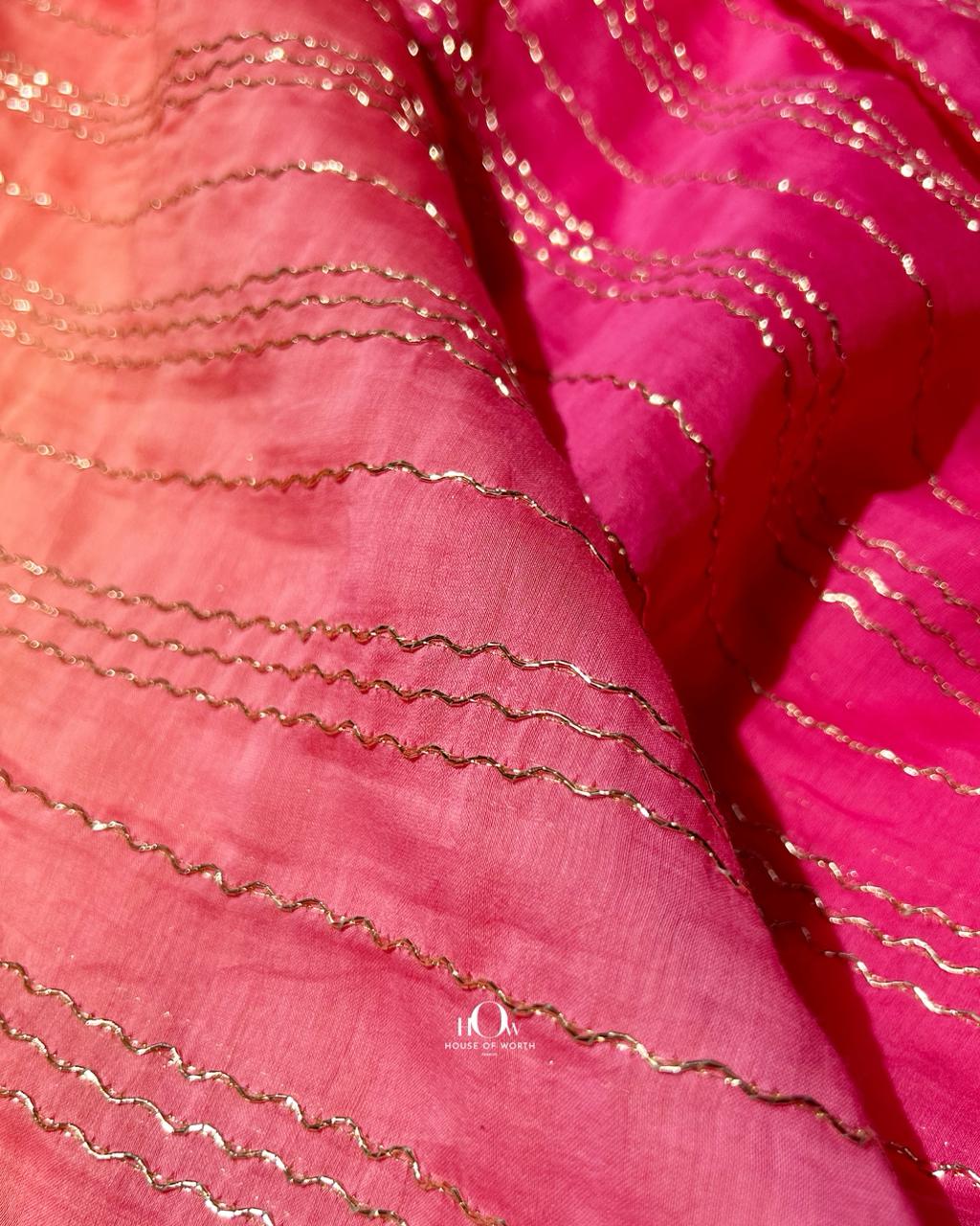 Rani Pink ombre pure Mul Chanderi fabric with elegant zari stripe accents for luxurious ethnic wear