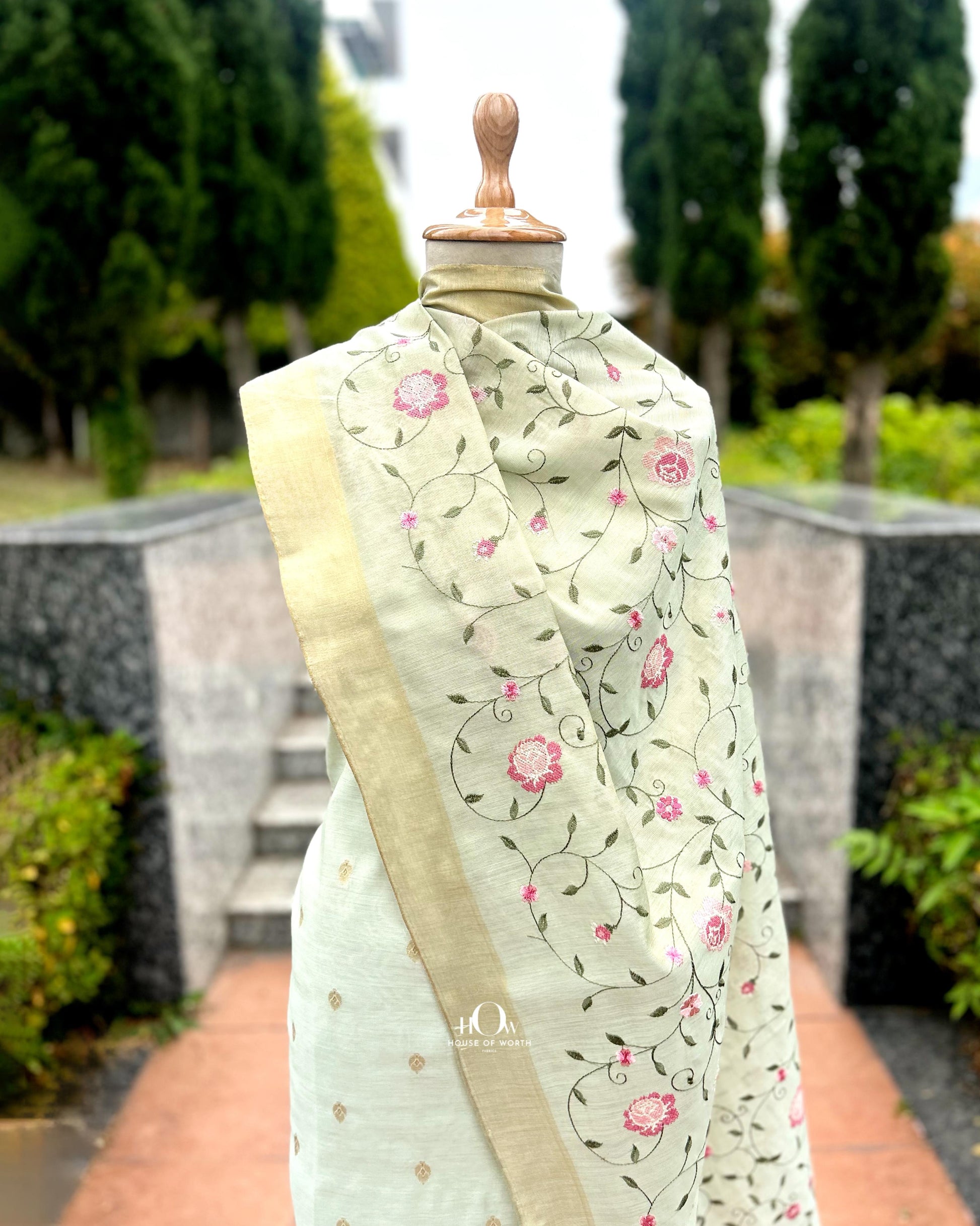 cotton tissue suit top with floral embroidery and dupatta.