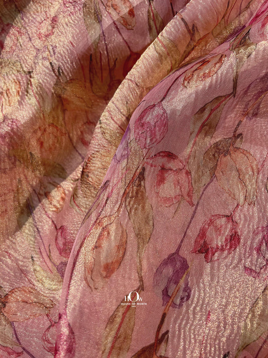 Designer silk crushed tissue cocktail saree in peach with Banarasi silk motifs for parties