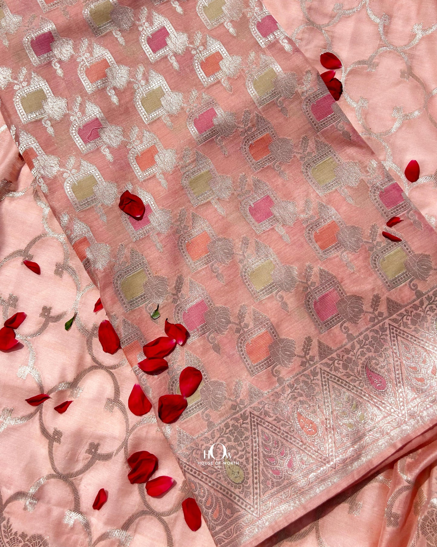 Peach Banarasi cotton suit set with silver zari work motifs and matching dupatta
