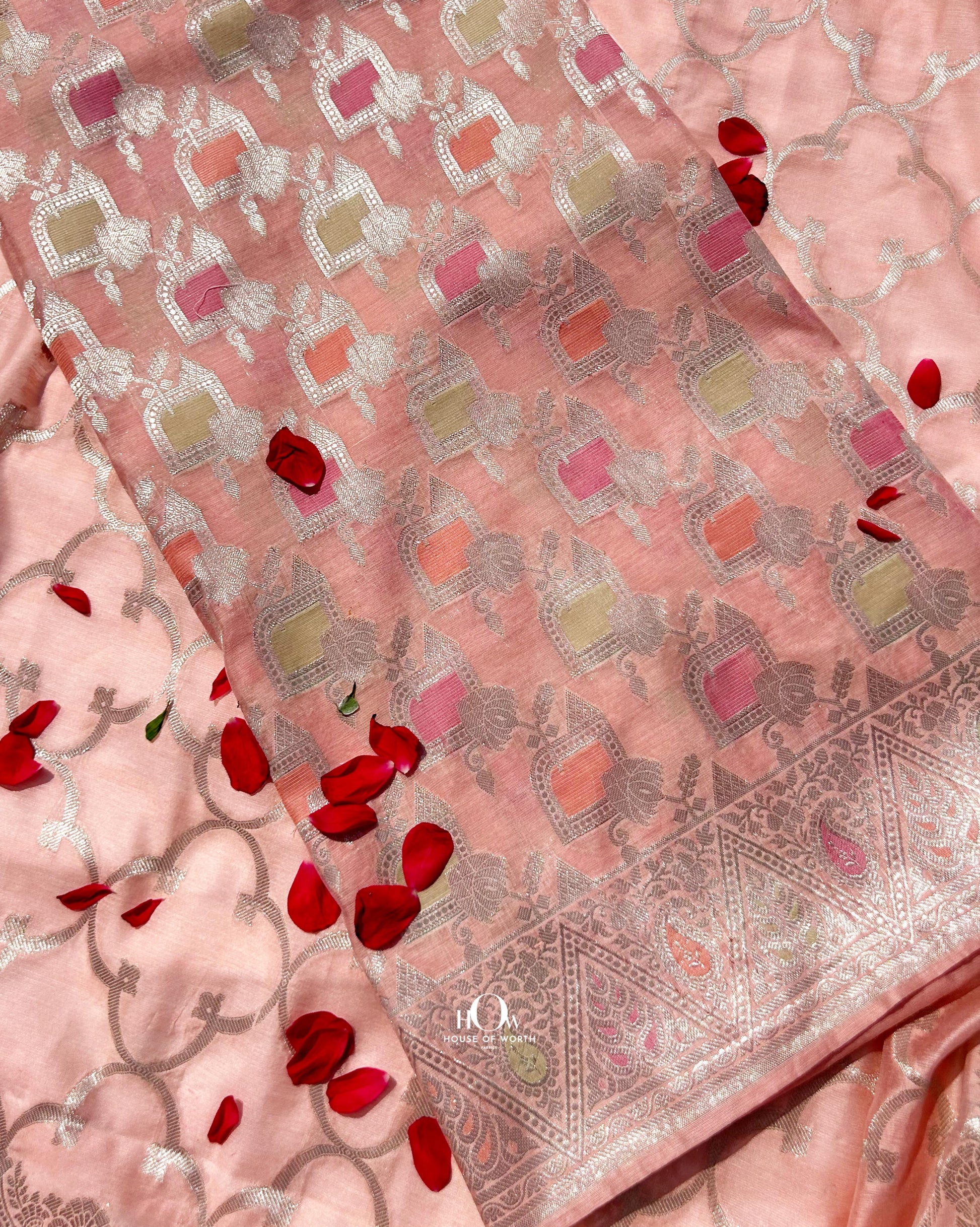 Peach Banarasi cotton suit set with silver zari work motifs and matching dupatta
