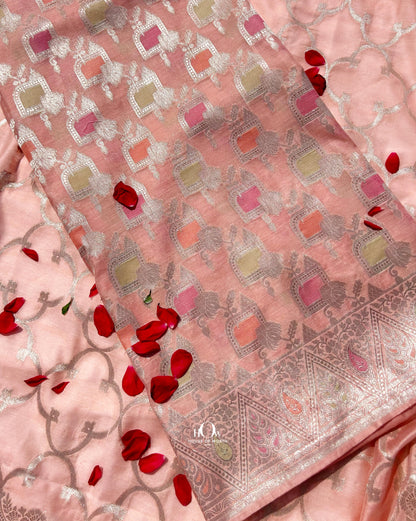 Peach Banarasi cotton suit set with silver zari work motifs and matching dupatta
