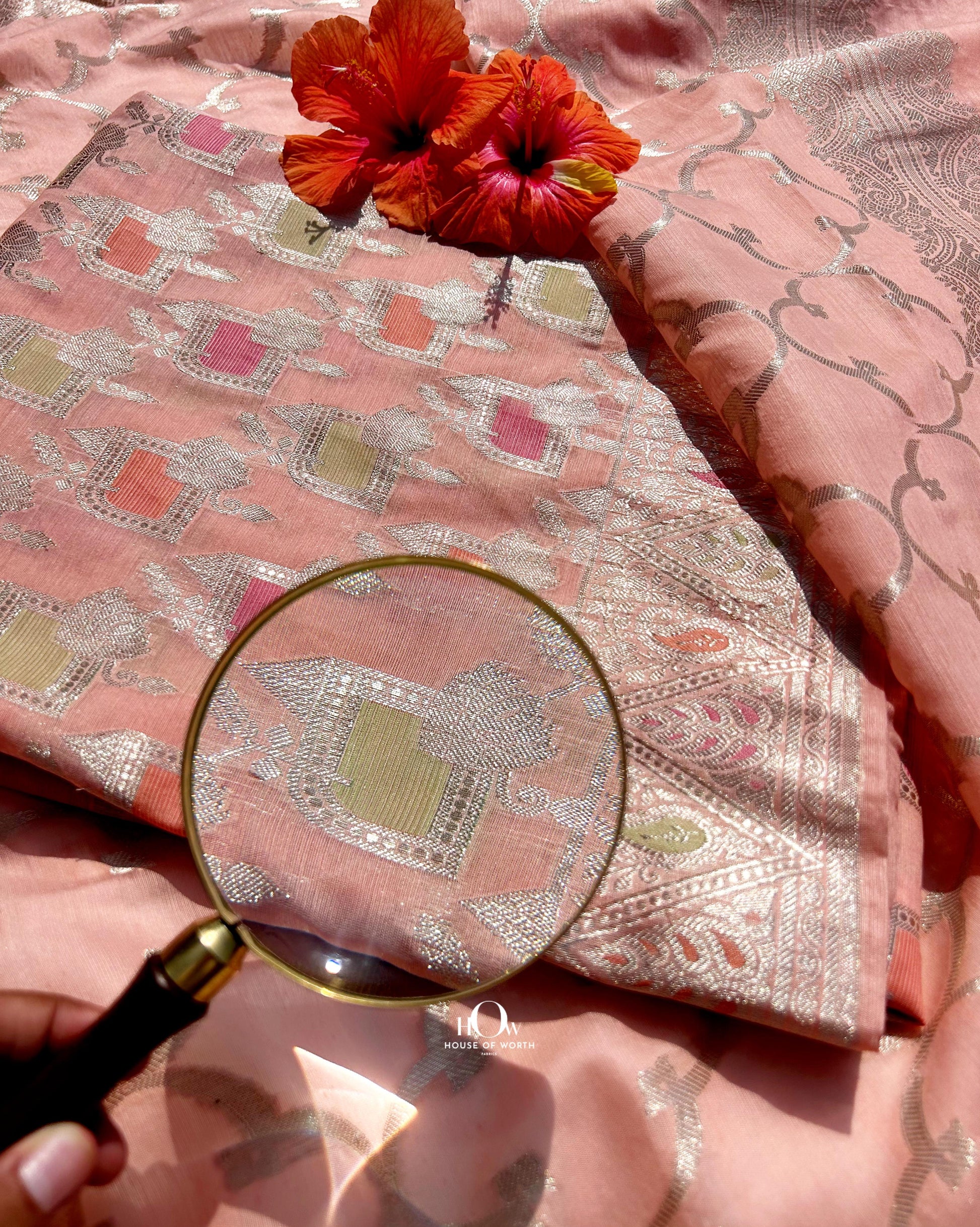 Banarasi unstitched suit set in peach colour with bottom and dupatta.