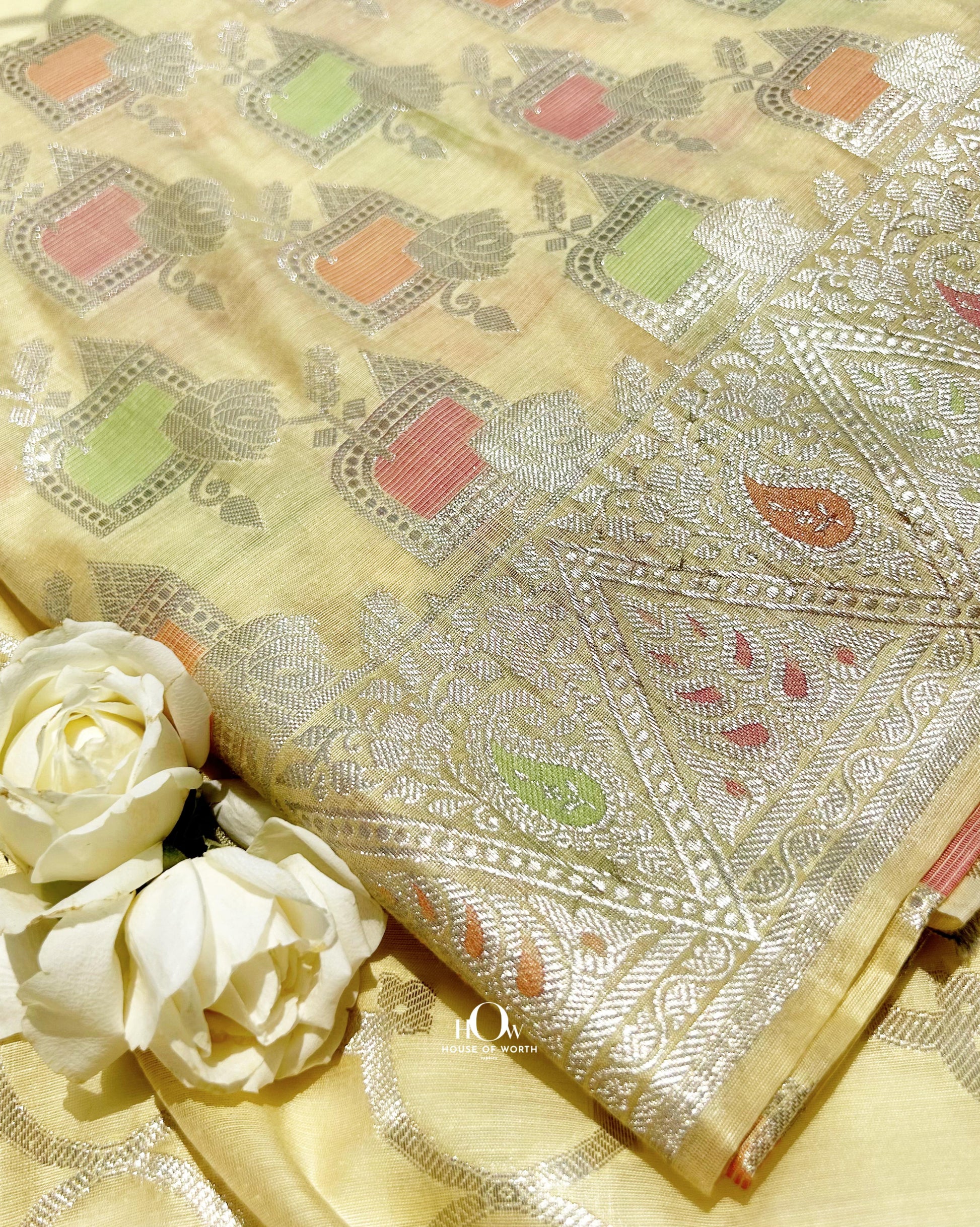 Traditional Indian suit with bottom and detailed Banarasi dupatta.