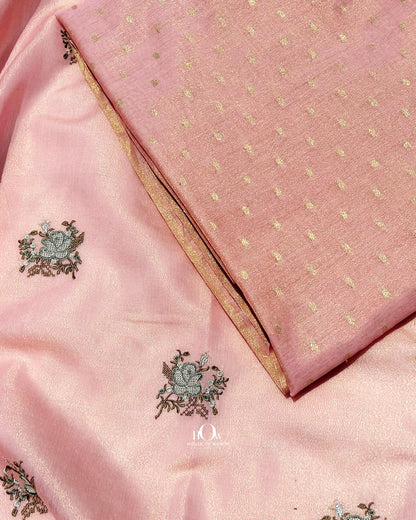 Premium high quality cotton tissue kurta suit, floral motif embroidery in peach and gold with dupatta.