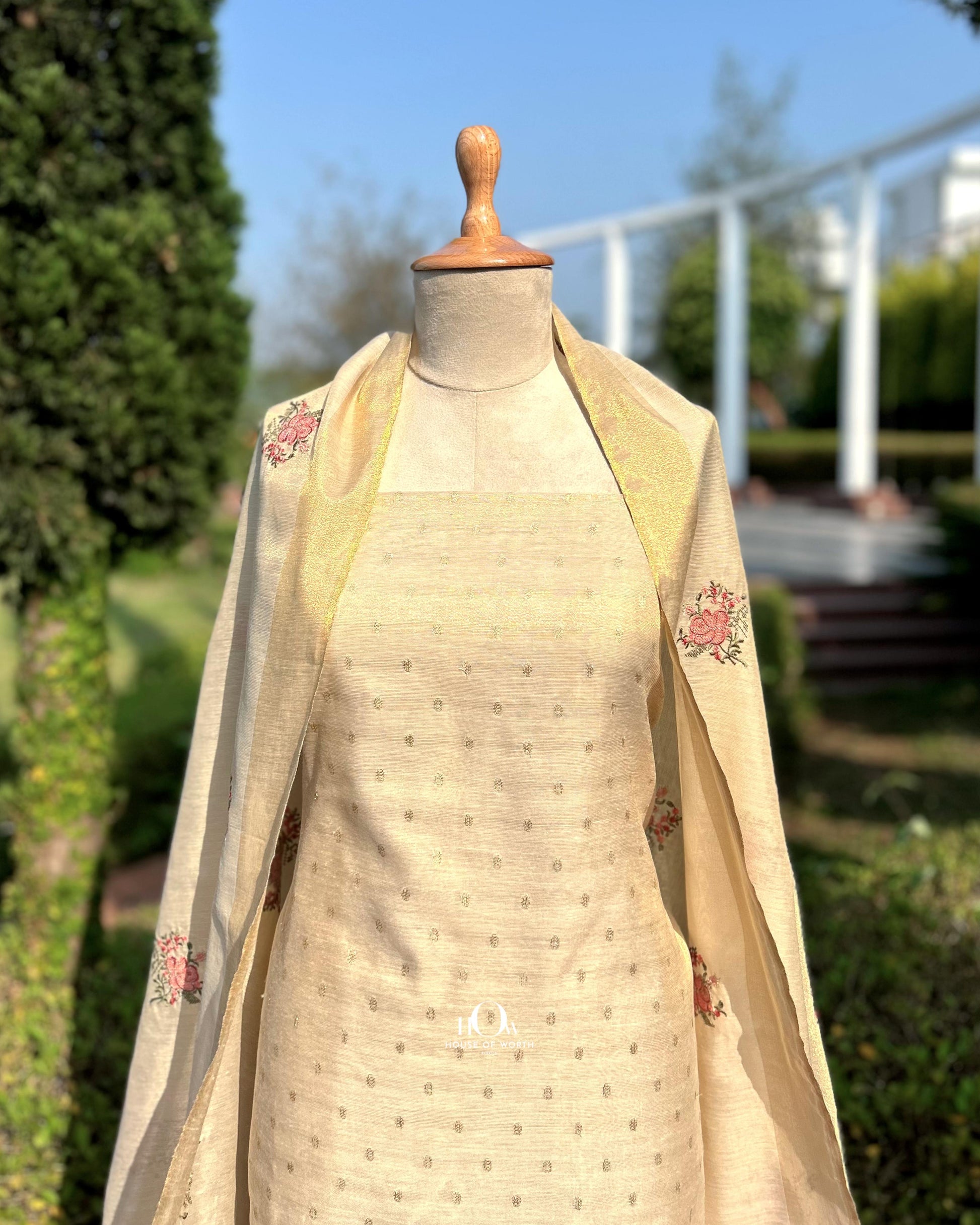 Banarasi suit set with zari work. Chanderi tissue suit set with dupatta.