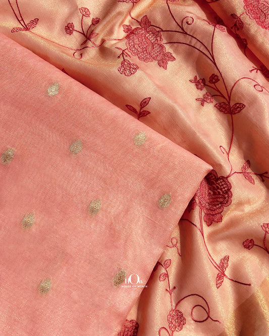 Cotton tissue suit set with buti on kurta and floral embroidery on dupatta

