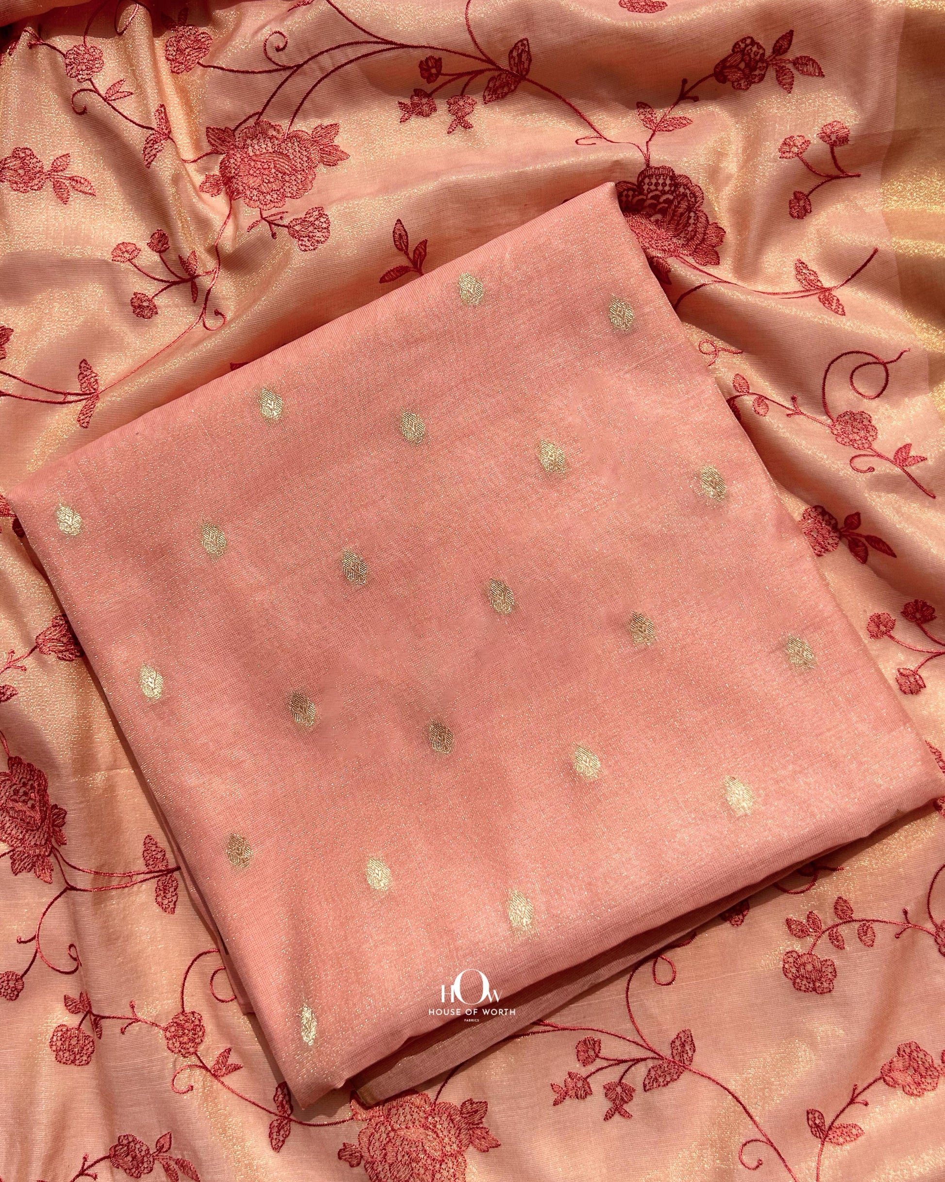 Soft cotton tissue fabric with intricate thread floral work. Buy banarasi suit online