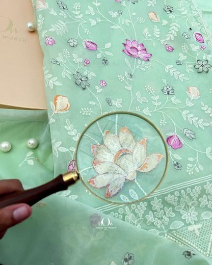 Kora silk suit set in pastel colours. Kora silk saree.