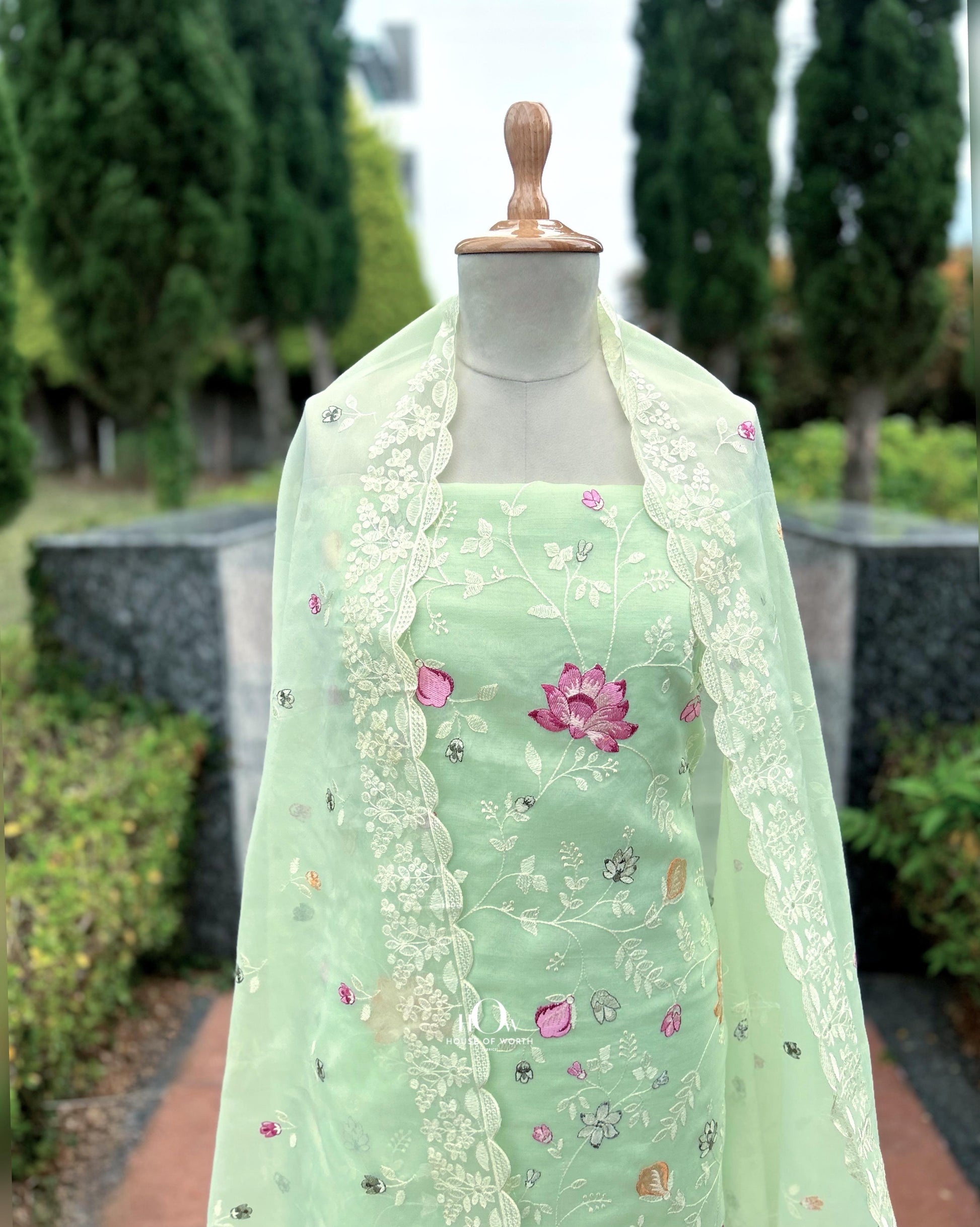 Unstitched organza suit with matching dupatta and bottom. Pure kora silk suit set.