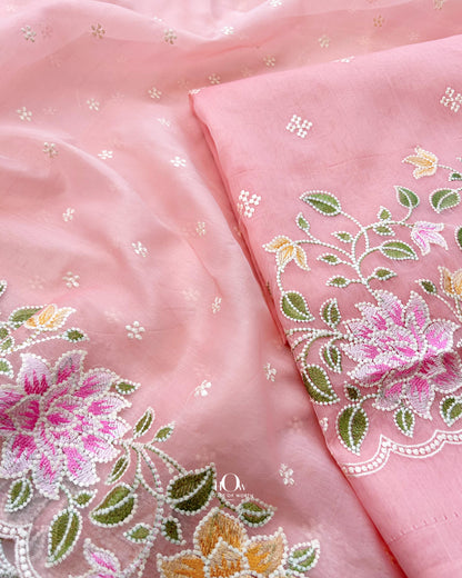 Unstitched organza suit set for wedding.
