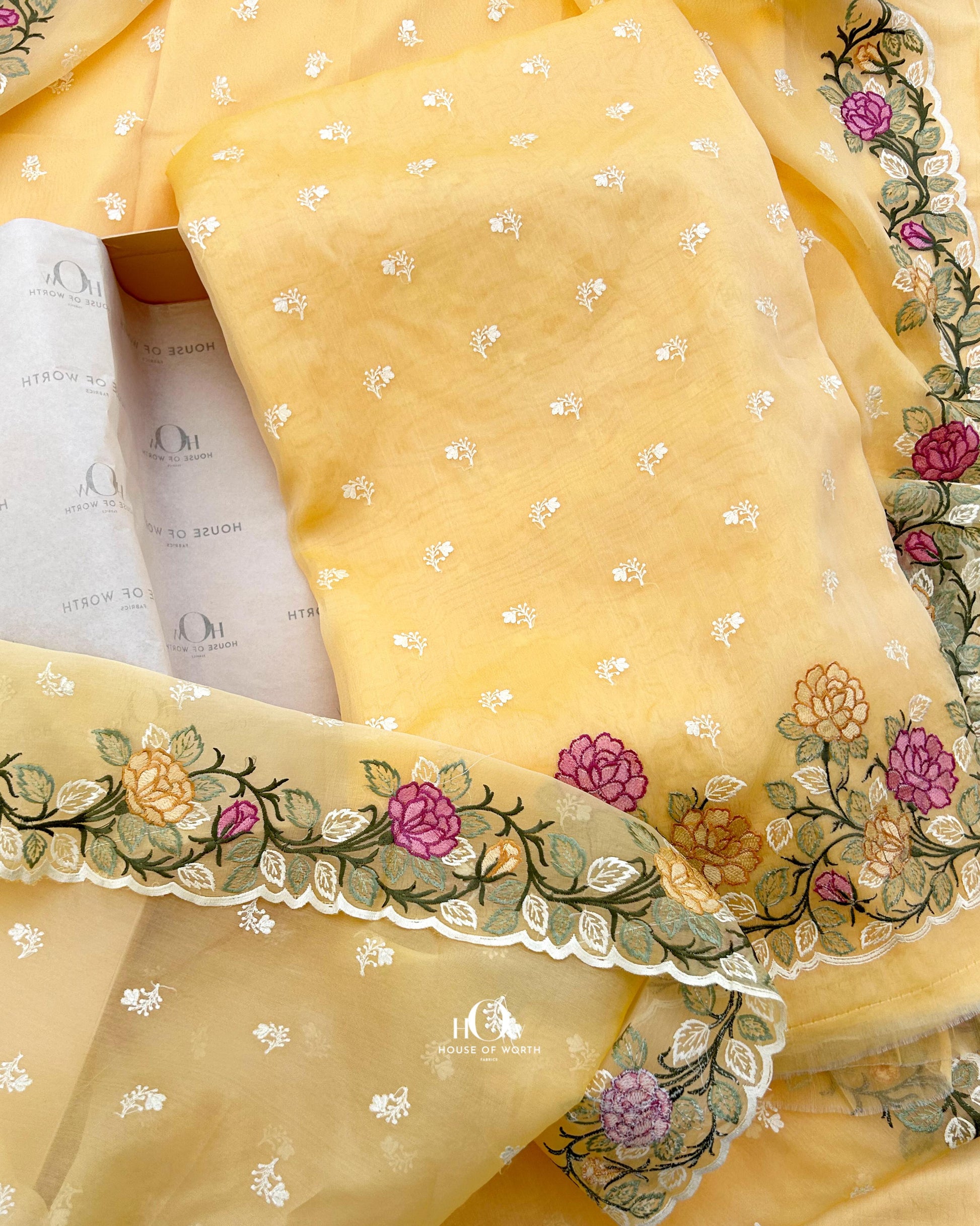 Designer organza kora silk suit set with floral embellishments. Silk organza suits for women.