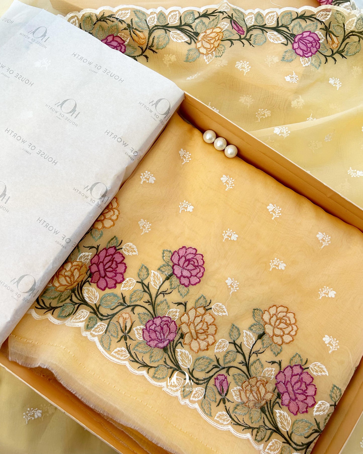 Premium kora silk unstitched suit material with mathcing bottom and dupatta.