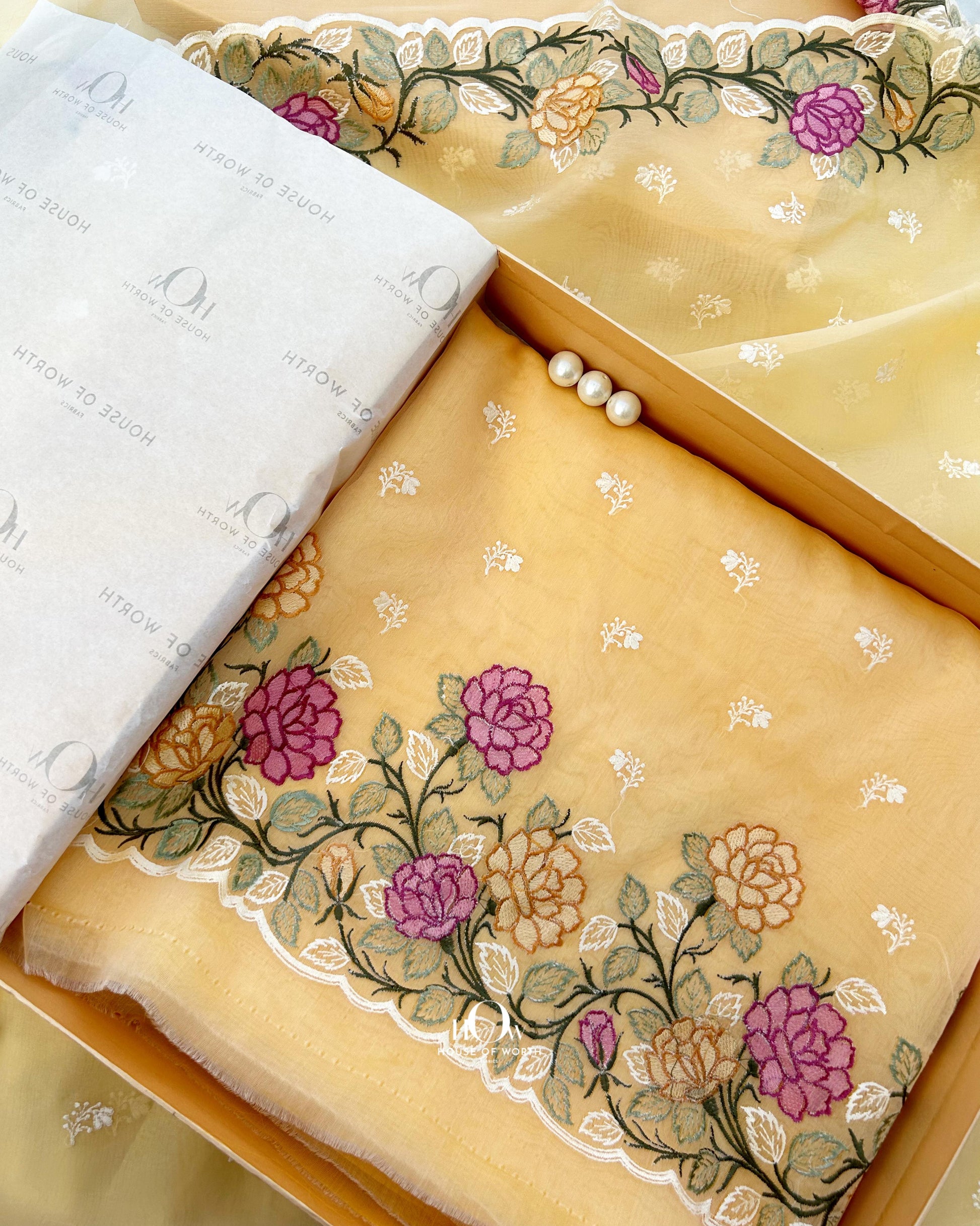 Premium kora silk unstitched suit material with mathcing bottom and dupatta.