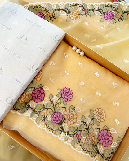 Premium kora silk unstitched suit material with mathcing bottom and dupatta.