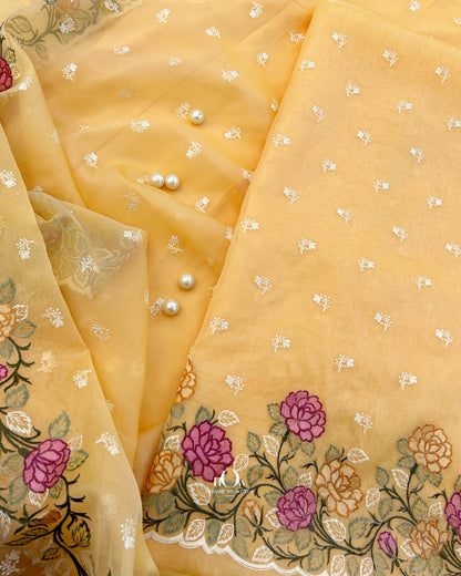 Unstitched organza kora silk suit set ideal for festive wear. Organza suit for summers.
