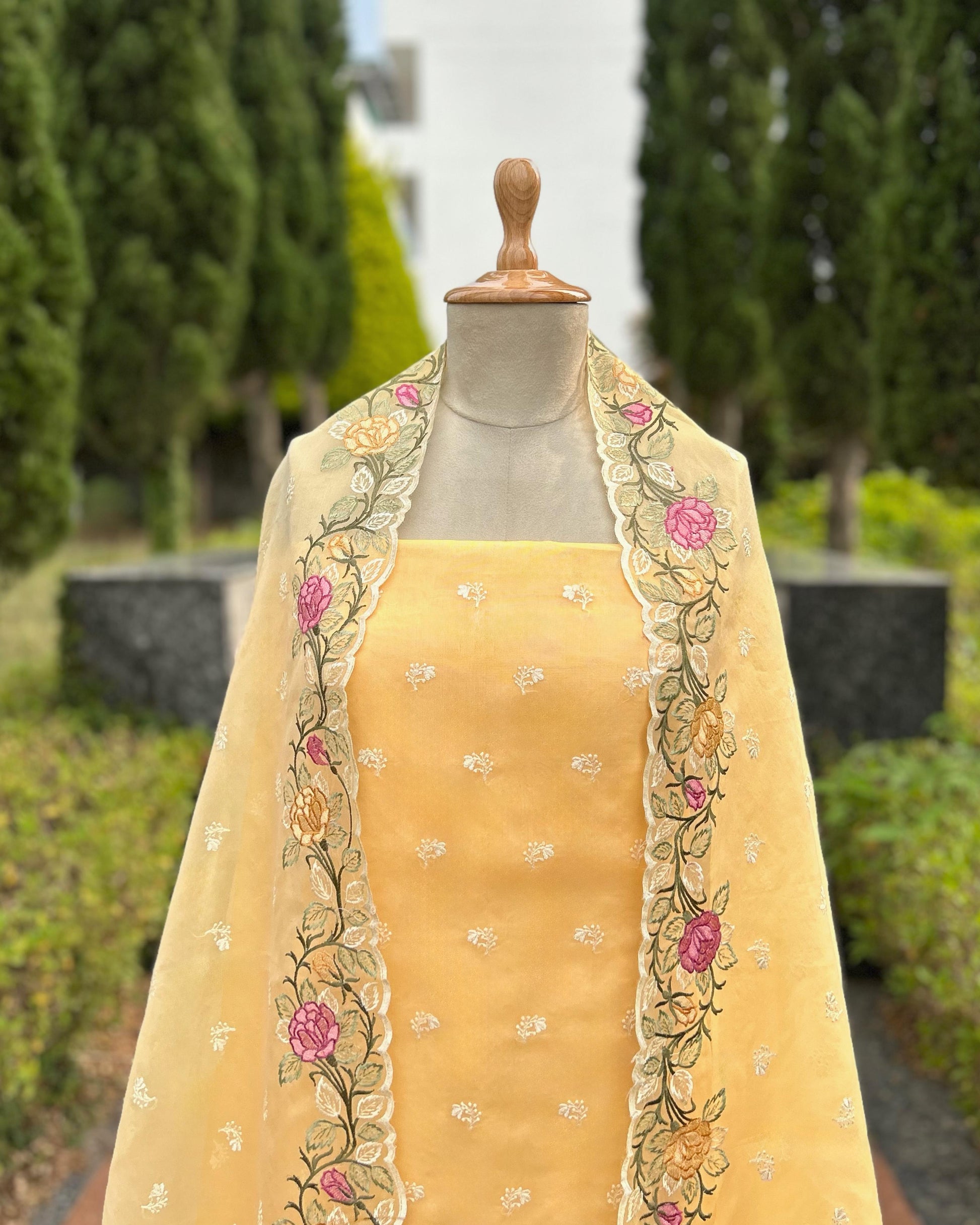 Pure Kora silk suit top with thread floral embroidery. Silk suit set unstitched