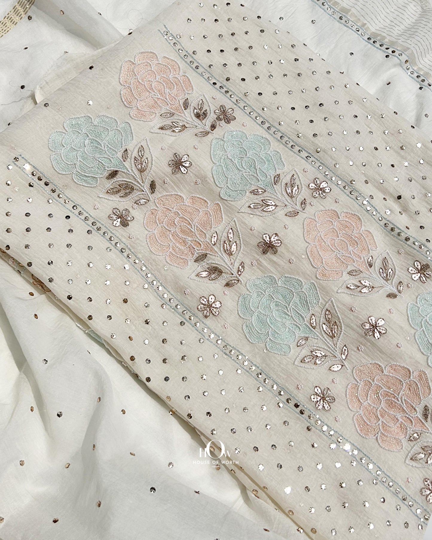 Mul Chanderi chikankari unstitched suit set. Lucknowi chikankari suit set.