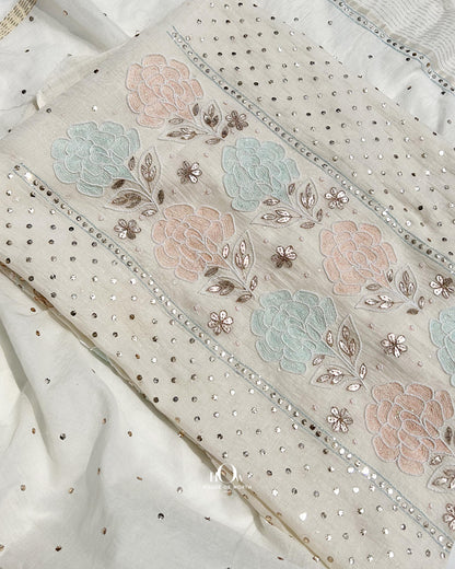 Mul Chanderi chikankari unstitched suit set. Lucknowi chikankari suit set.