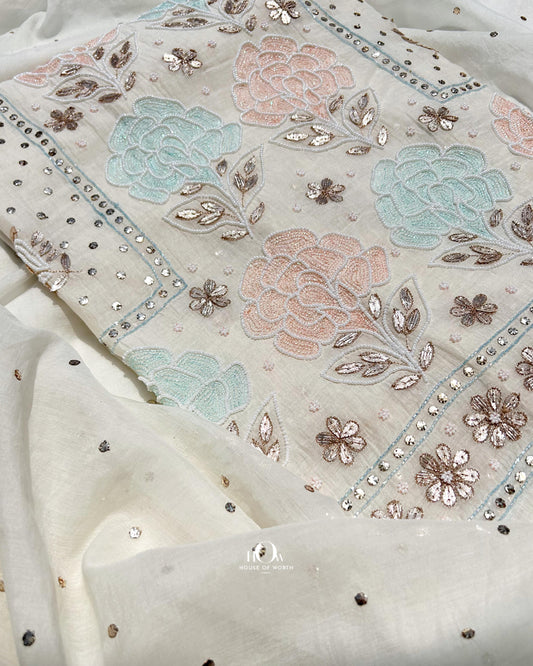 Lucknow chikankari suit top in Mul Chanderi fabric.