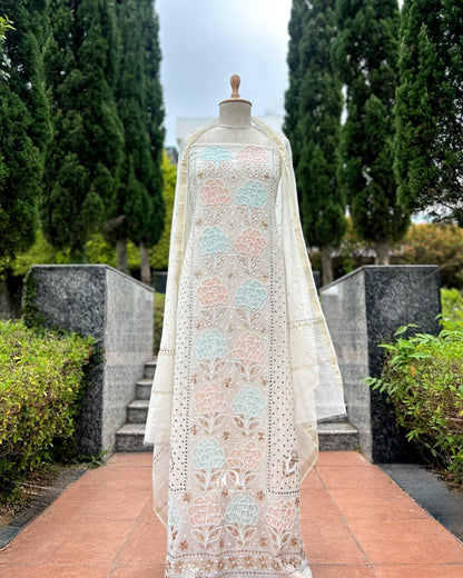Pure mul chanderi unstitched suit sets.  Pure chikankari suit sets for women.
