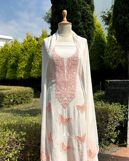 handmade chikankari kuri for women. Pure chikankari unstitched suit sets.