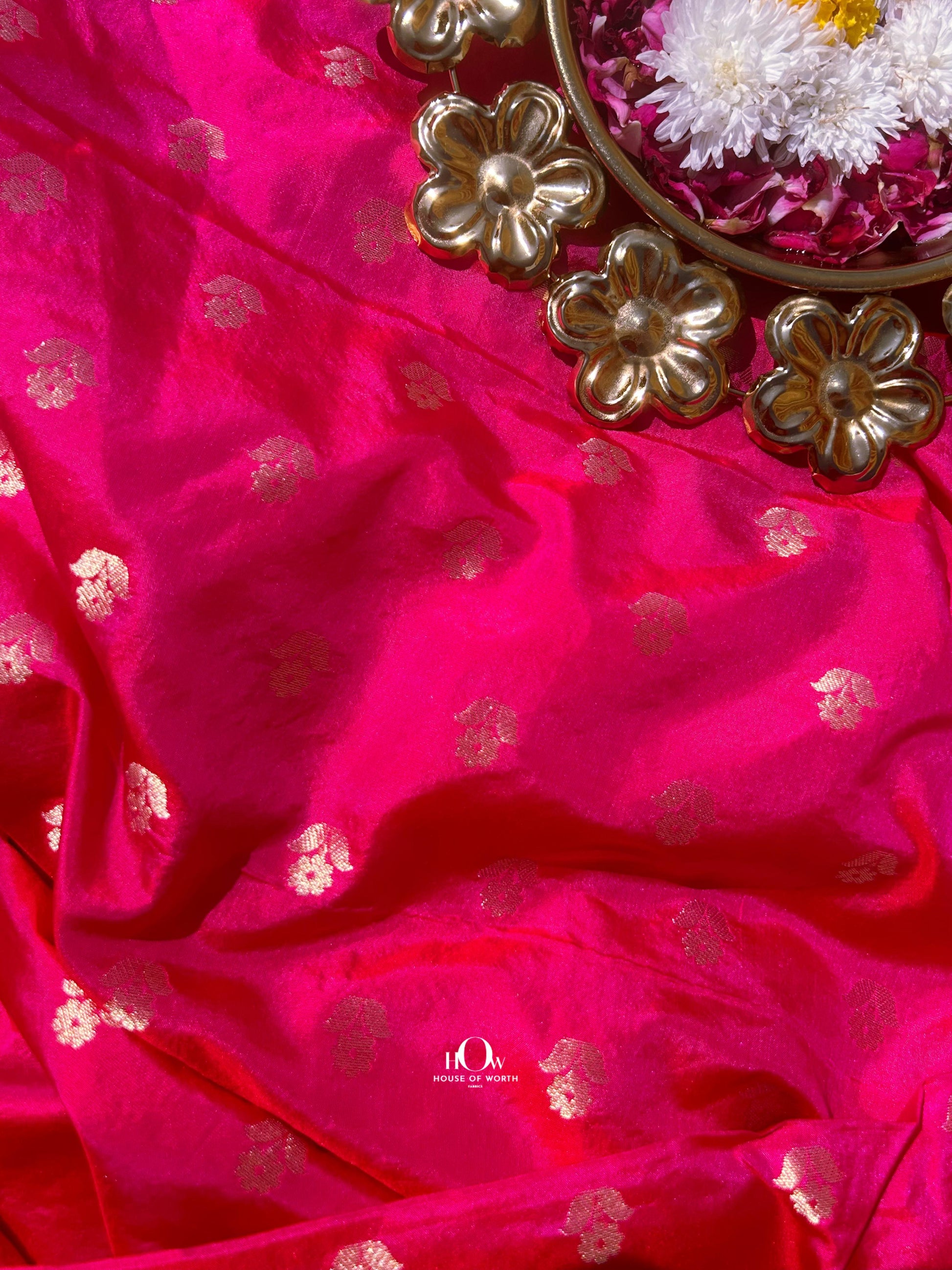 100% pure Banarasi silk bridal saree from Banaras with heavy zari and brocade for wedding.