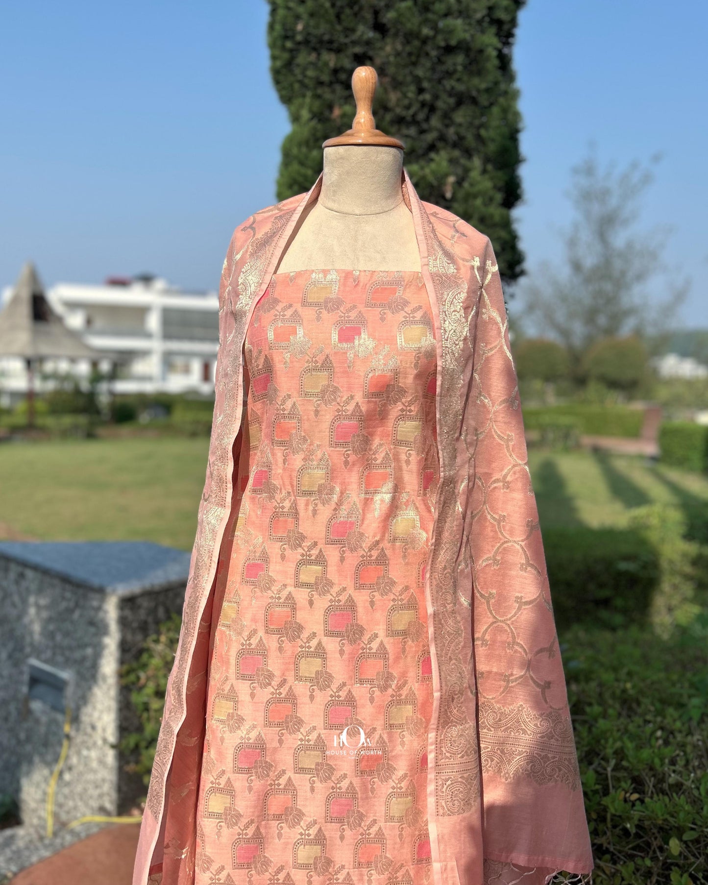 Peach color cotton suit for women with zari embroidery and elegant dupatta