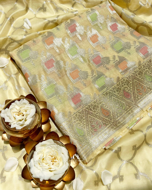 Banarasi cotton suit set with pastel motifs, dupatta, and bottom
