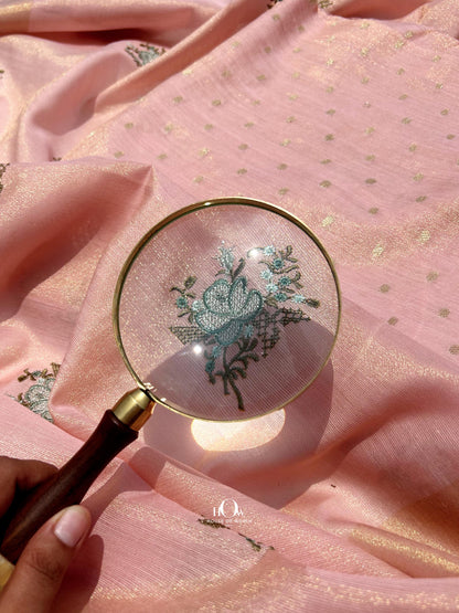 Peach cotton tissue Banarasi suit set with silver zari work motifs and matching dupatta