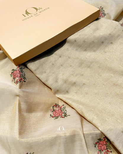 gold Banarasi cotton-tissue suit set with silver zari temple motifs