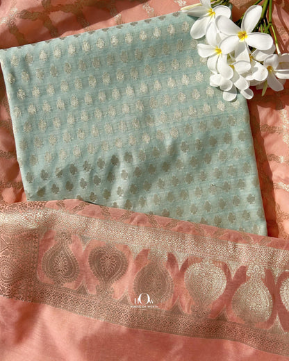 Banarasi cotton unstitched suit fabric with silver buti design. banarasi suit material