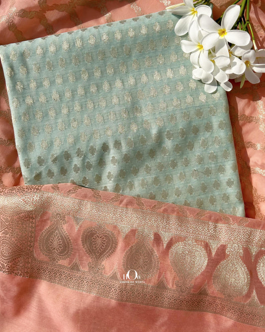 Banarasi cotton unstitched suit fabric with silver buti design. banarasi suit material