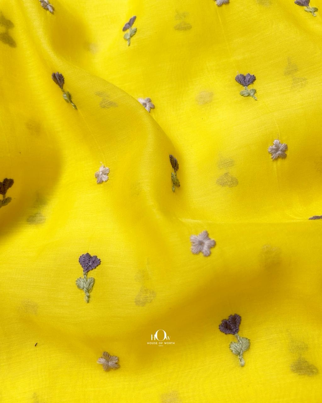 Sunny yellow floral embroidered chanderi fabric perfect for festive kurtas.