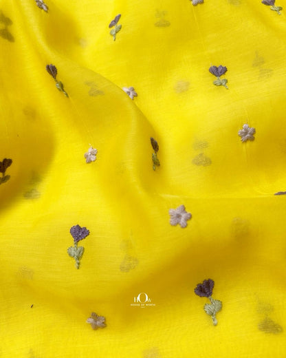 Sunny yellow floral embroidered chanderi fabric perfect for festive kurtas.