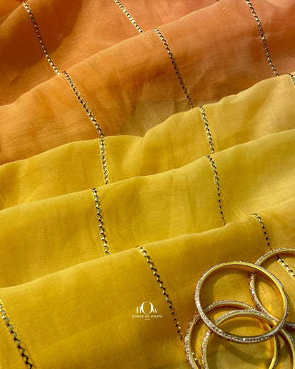 Yellow Orange ombre Pure Mul Chanderi fabric for festive wear