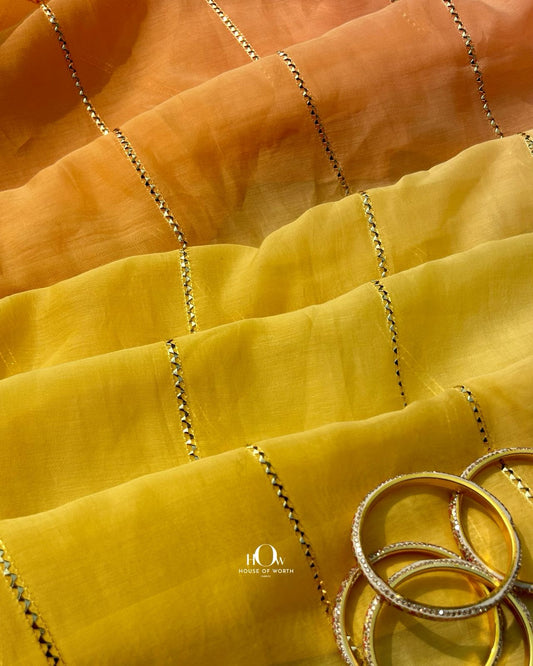Yellow Orange ombre Pure Mul Chanderi fabric for festive wear