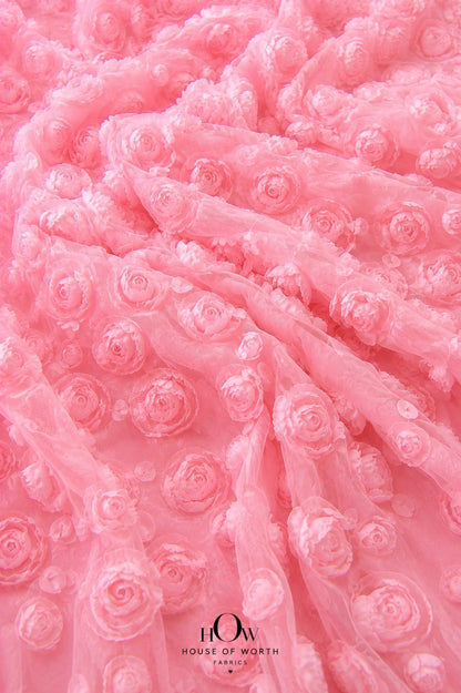 Baby pink 3D floral applique net fabric for bridal and party wear