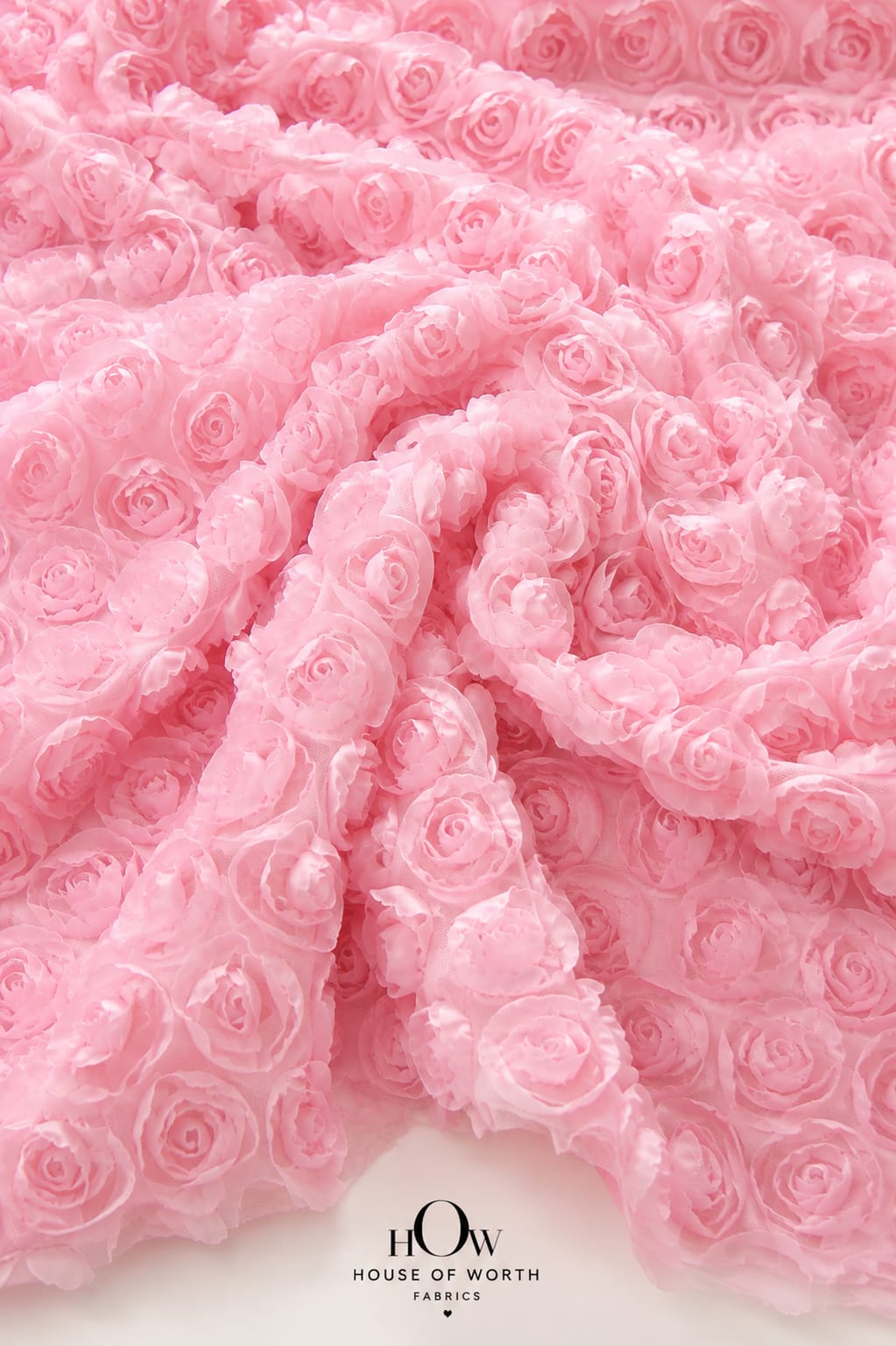 Baby pink 3D floral applique fabric on net with soft raised flowers