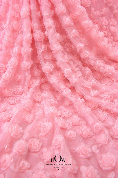 Baby pink 3D floral net fabric for dresses and skirts